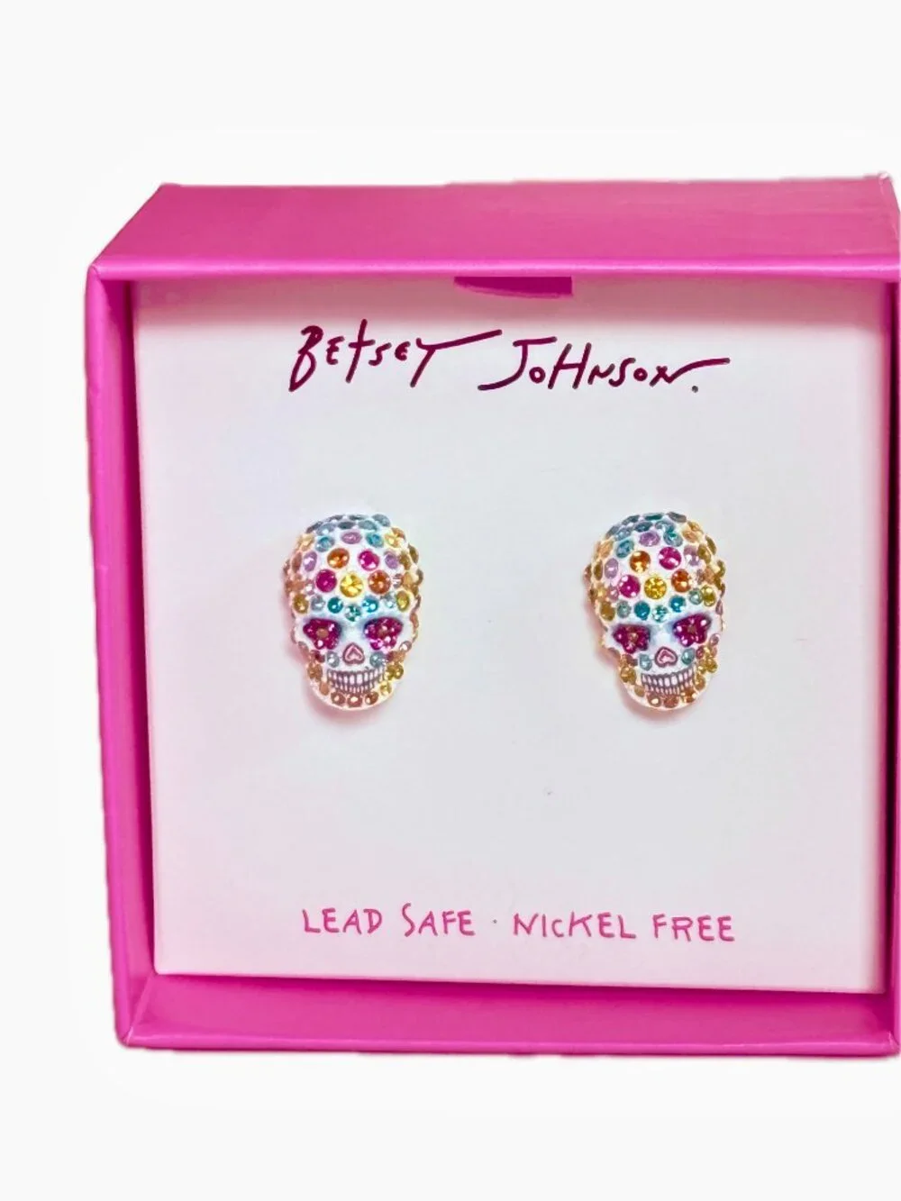 Betsey Johnson Sugar Skull Stud Earring Colorful Pave Crystal Dia De Los Muertos